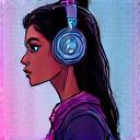 Pixel art avatar of Maria Garcia wearing headphones.