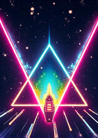 Game cover art for Neon Asteroids showing a triangular ship shooting at glowing asteroids.