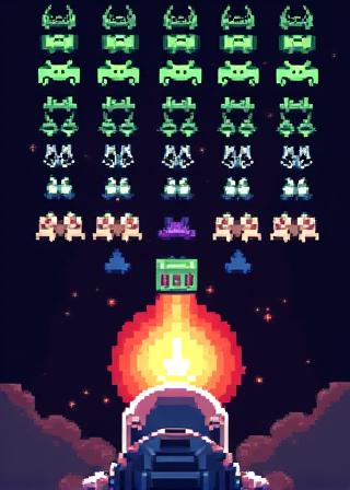 Game cover art for Pixel Invaders showing a cannon shooting at rows of pixel aliens.